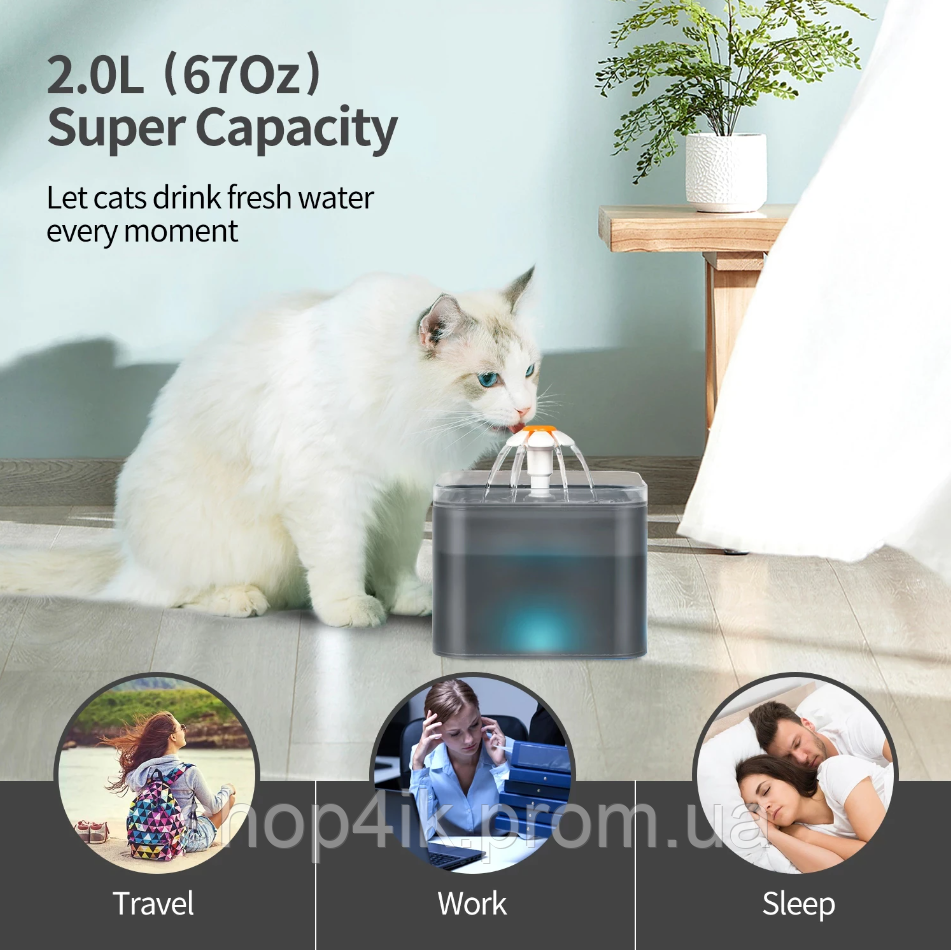 USB Диспенсер воды для собак и кошек 2 л Автоматический фонтанчик для домашних животных - фото 3 - id-p1973947009
