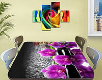Наклейка на стол Фиолетовые орхидеи на черном фоне, пленка для декора мебели, цветы, фиолетовый 60 х 100 см