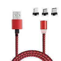 Магнитный кабель для зарядки телефона 3в1 "X-Cable" Красный, шнур для айфона/Type-C/microUSB провод (TO)