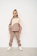 Спортивний костюм дитячий на флісі для дівчинки "Геометрія" 116-158 кофта+штани бежевий