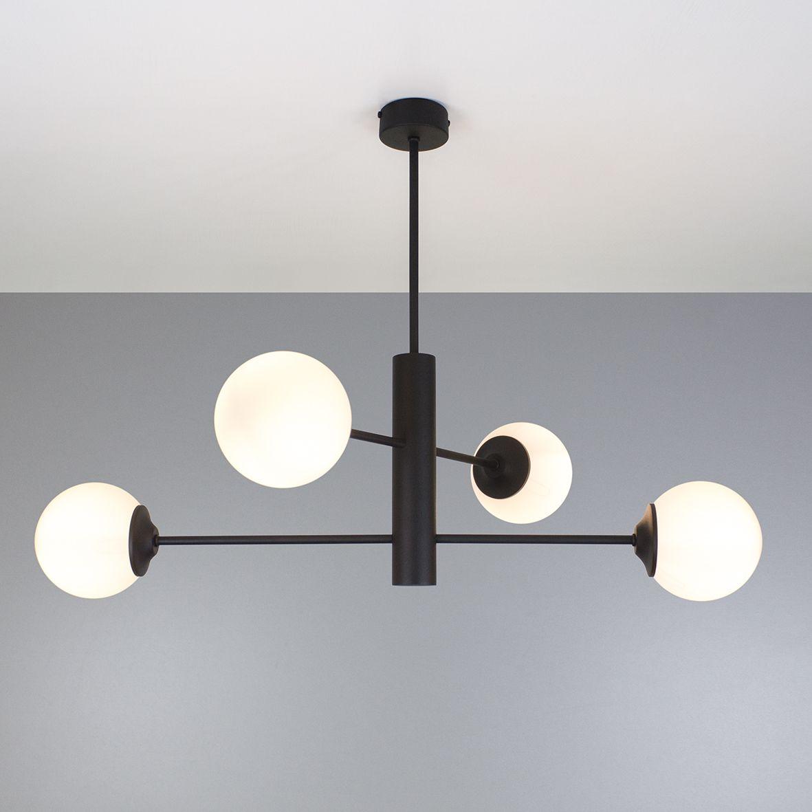 Люстра чорна металева з білими плафонами на 4 лампи Е14 80х55 см