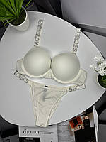 Комплект білої жіночої спідньої білизни Victoria's Secret Модель Букви Стрази Вікторія Сікрет