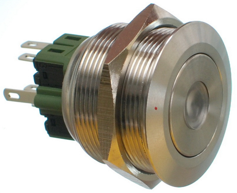 Кнопка антивандальная d32mm різьблення 28mm h33mm 2 положення 6 контактів індикація