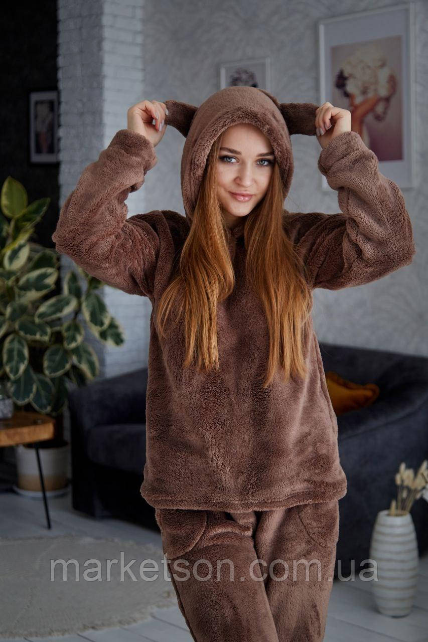 Жіноча піжама махрова тепла з вушками, домашній костюм р. S,M,L,XL