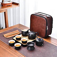 Набор для чайной церемонии в коричневой сумке на 4 персоны, черный цвет посуды - серия « переворот»
