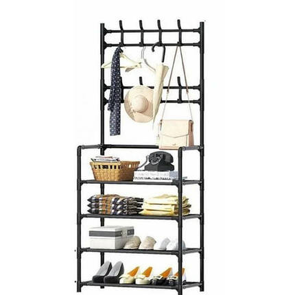 Вішалка для одягу в передпокій з полицями для взуття Simple floor clothes rack 145х78х28 см чорна, фото 1