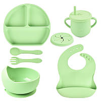 Набор силиконовой посуды Y3 трех-секционная тарелка, поильник, ложка вилка, слюнявчик Зеленый (n-10980)