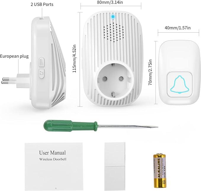 Дзвінок бездротовий дверний із вилкою і 2 USB-портами, вуличний водонепроникний дверний дзвінок, 2 шт.