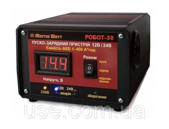 Зарядний пристрій 12 24В, для 1-400Ah, 20А, ЗУ РОБОТ-30, пуско зарядний пристрій для акумуляторів, крокодили в комплекті
