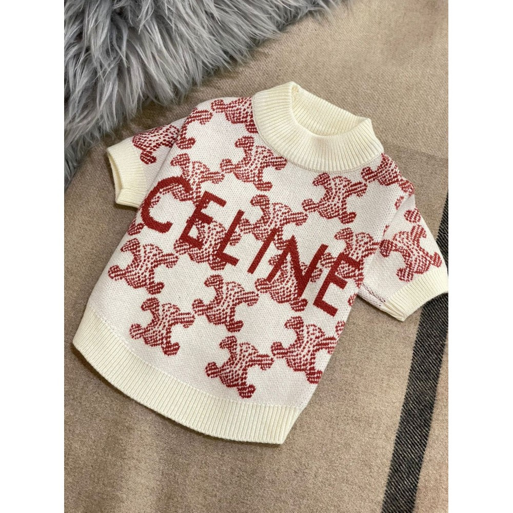 Брендовий светр для собак Celine принт у рожеві значки, білий