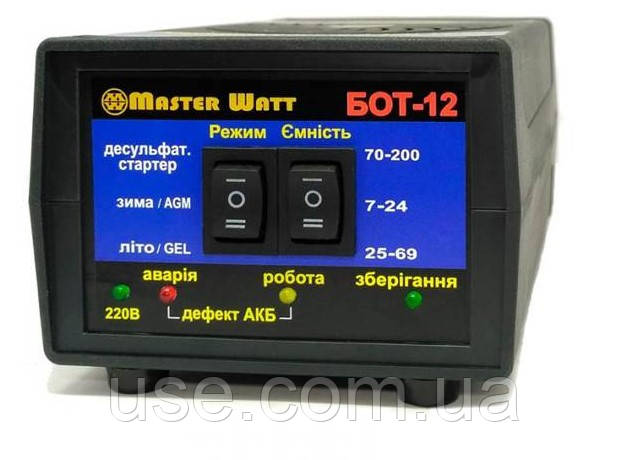 Десульфатуючий зарядний пристрій 12В, ЗП БОТ-12, автоматичний, для акумулятора, для акумулятора 7-200Ah, 12.5А, 160-245В