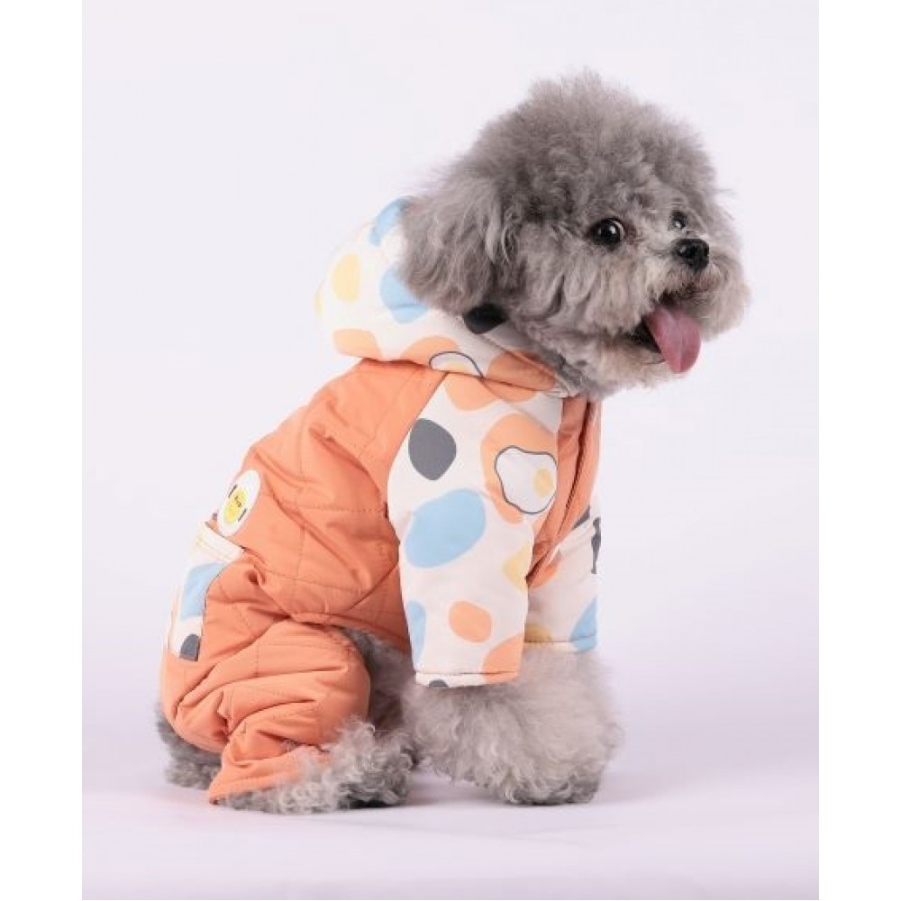 Зимовий комбінезон для собак із капюшоном принт у горошок на шовковій підкладці жовтогарячого кольору