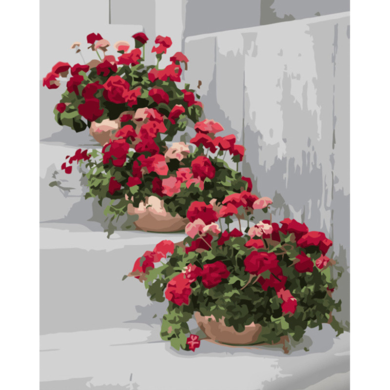 Картина за номерами Strateg ПРЕМІУМ Квітучі вазони з лаком розміром 40х50 см (GS1223)