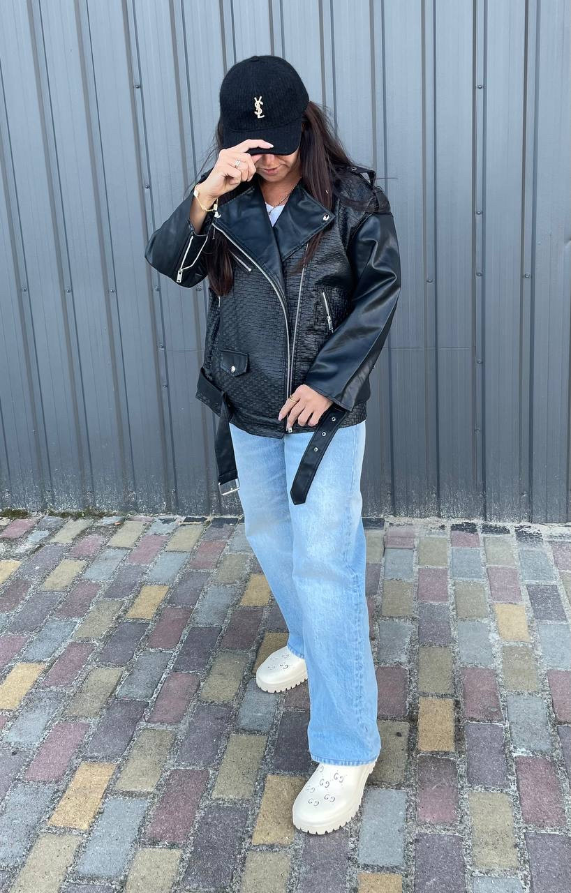 Косуха авіатор чорна жіноча оверсайз фактура «квадрат», фото 1