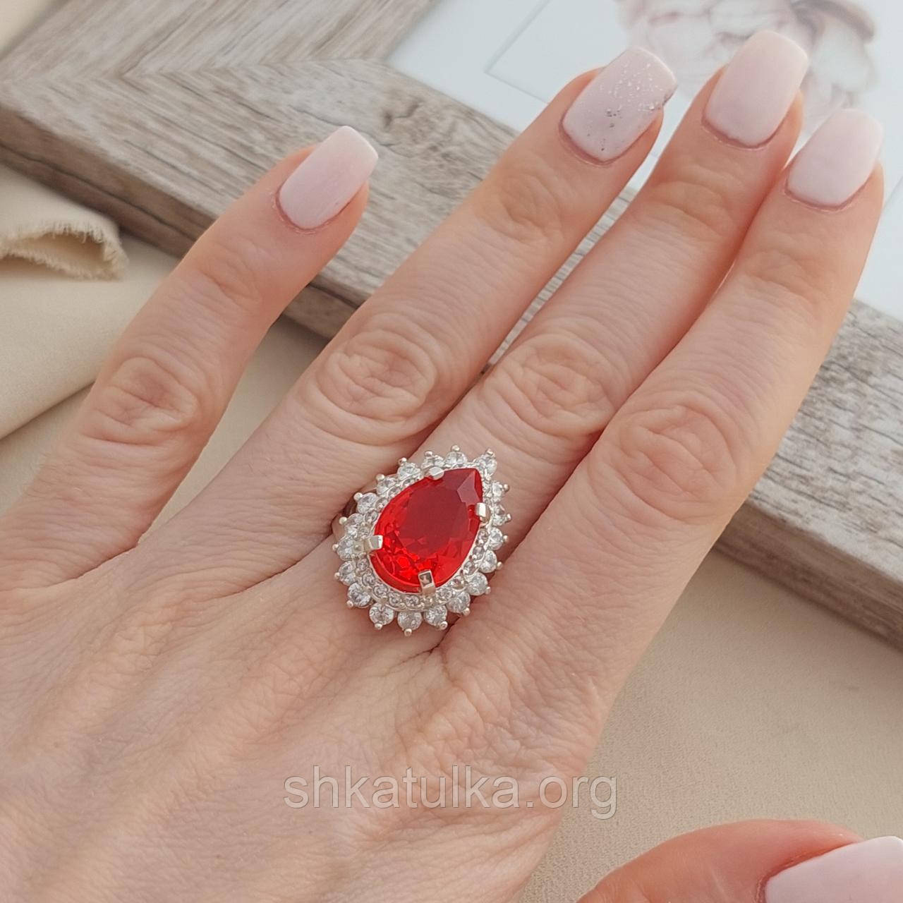 Кольцо серебряное с крупным каплевидным красным рубеллитом и белыми цирконами - фото 8 - id-p714605746