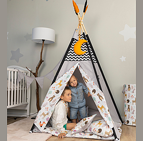Палатка Вігвам Дитяча "Звірі", Повний комплект 110х110х180см, сіра - помаранчева NEW