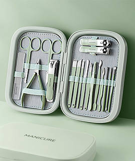 Набір манікюрний із 18 предметів у футлярі. Набір для манікюру та педикюру в чохлі Зелений