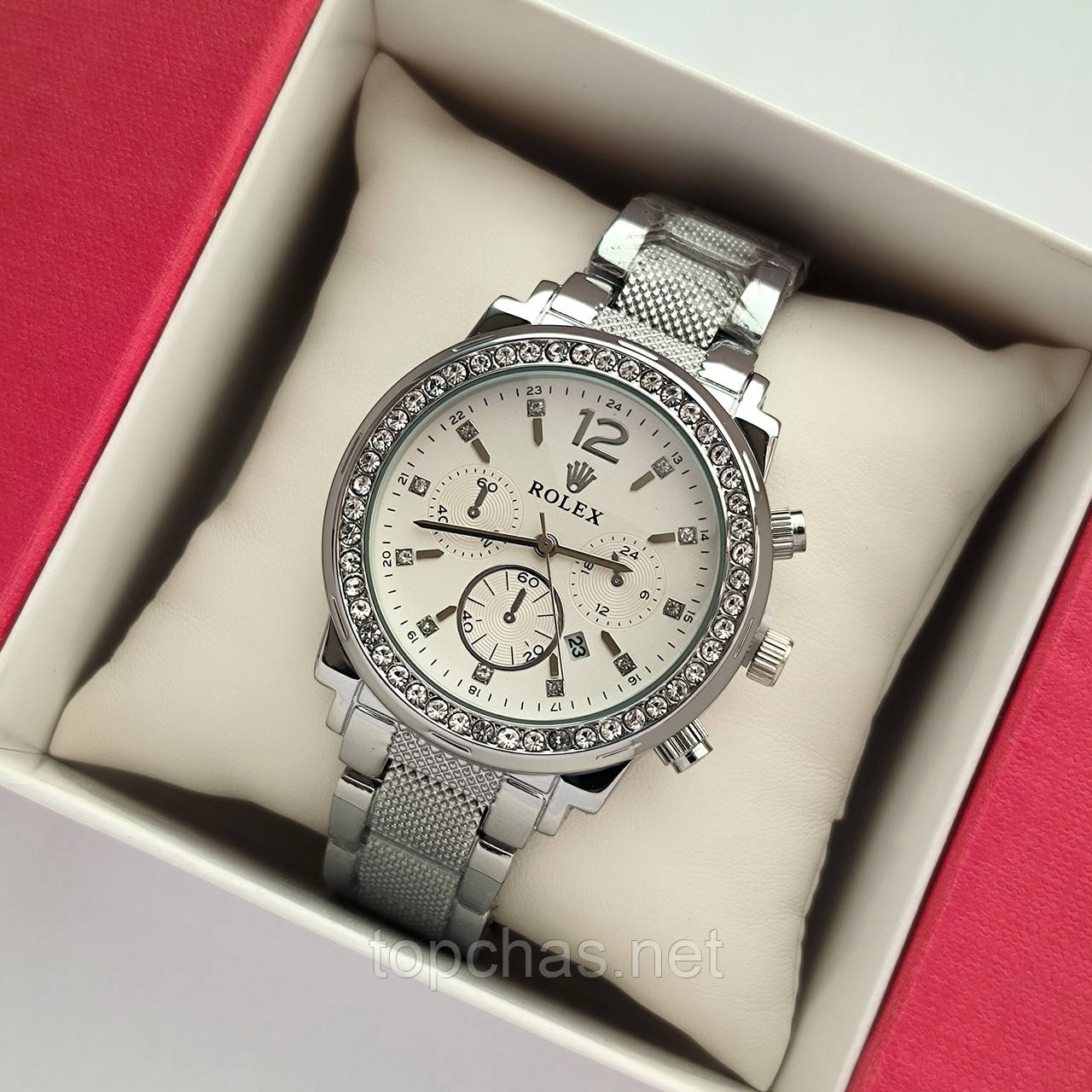 Сріблястий жіночий наручний годинник Rolex (ролекс) на магнітні застібці, рожевий циферблат - код 2291t