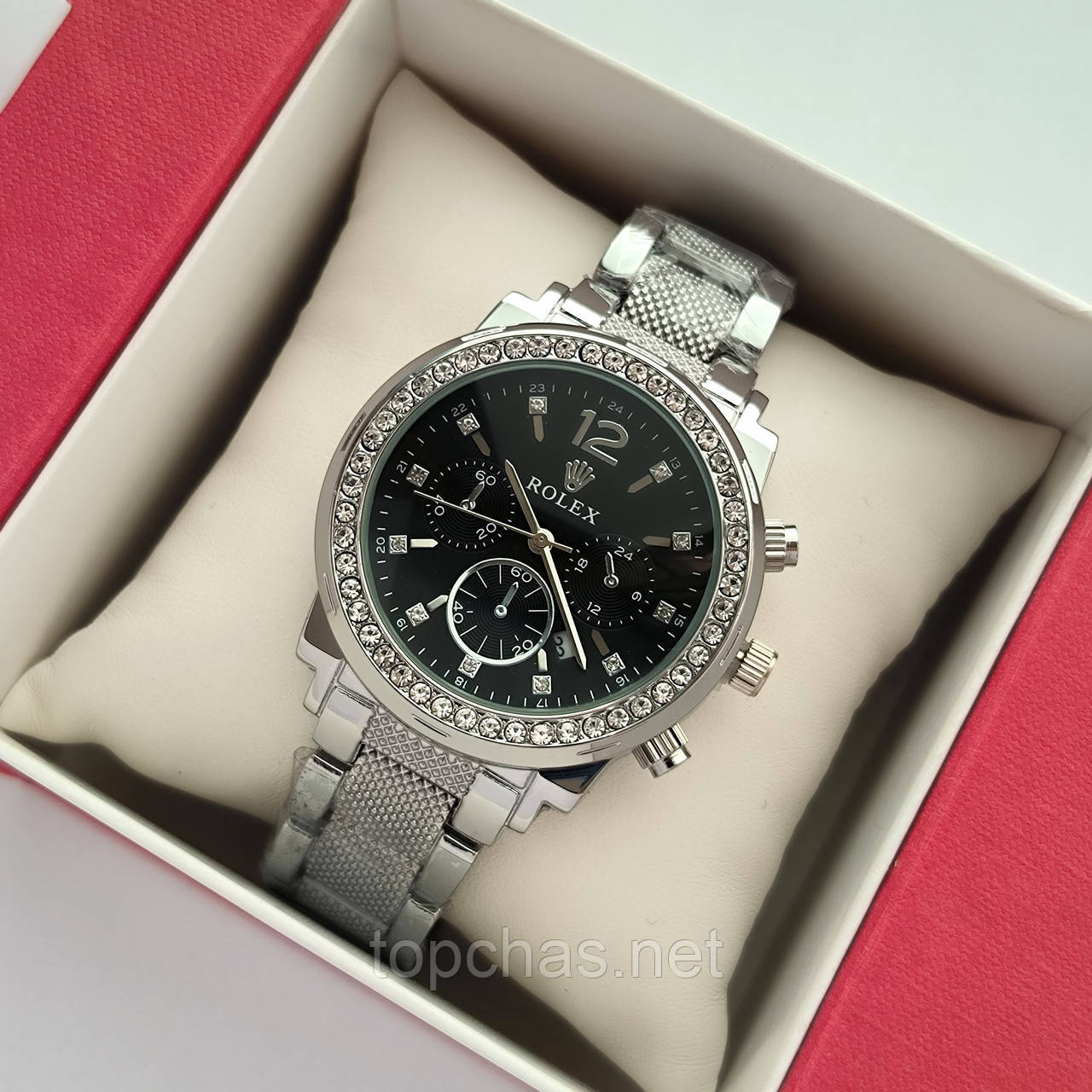 Сріблястий жіночий наручний годинник Rolex (ролекс) з чорним циферблатом, рифлений браслет - код 2293t
