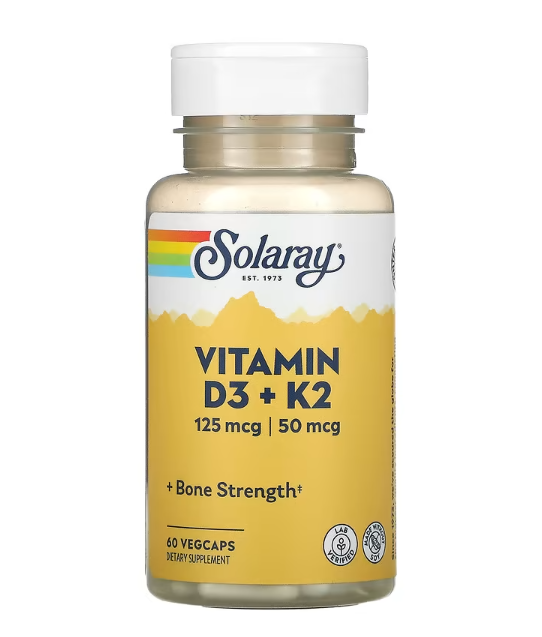 Вітамін Д3 + К2 без сої Solaray (Vitamin D3 + K2) 60 вегетаріанських капсул