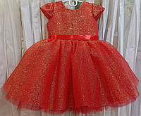 Блестящее красное нарядное детское платье с коротким рукавчиком на 1-2 годика