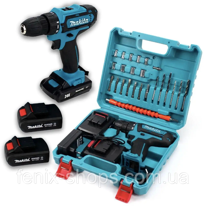 Шурупокрут Makita 24V 5.0AH з набором інструментів / Акумуляторний шурупокрут Макіта 24 В з насадками в кейсі