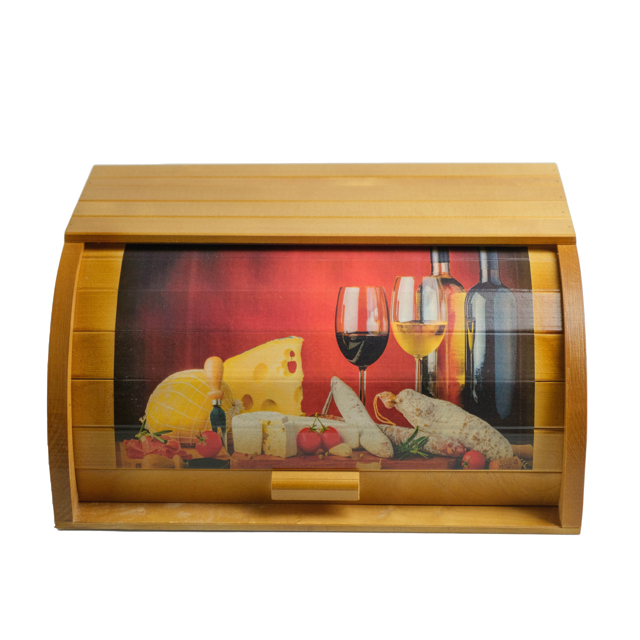 Хлібниця дерев'яна букового кольору "Вино на червоному фоні" з ролетною кришкою, світла 36*26*18 см. - фото 1 - id-p1974708509