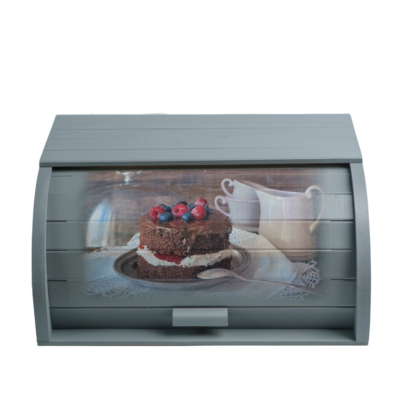 Хлібниця дерев'яна з друком "Шоколадний пиріг" ніжно сіра з ролетною кришкою 36*26*18 см. - фото 1 - id-p1974725919