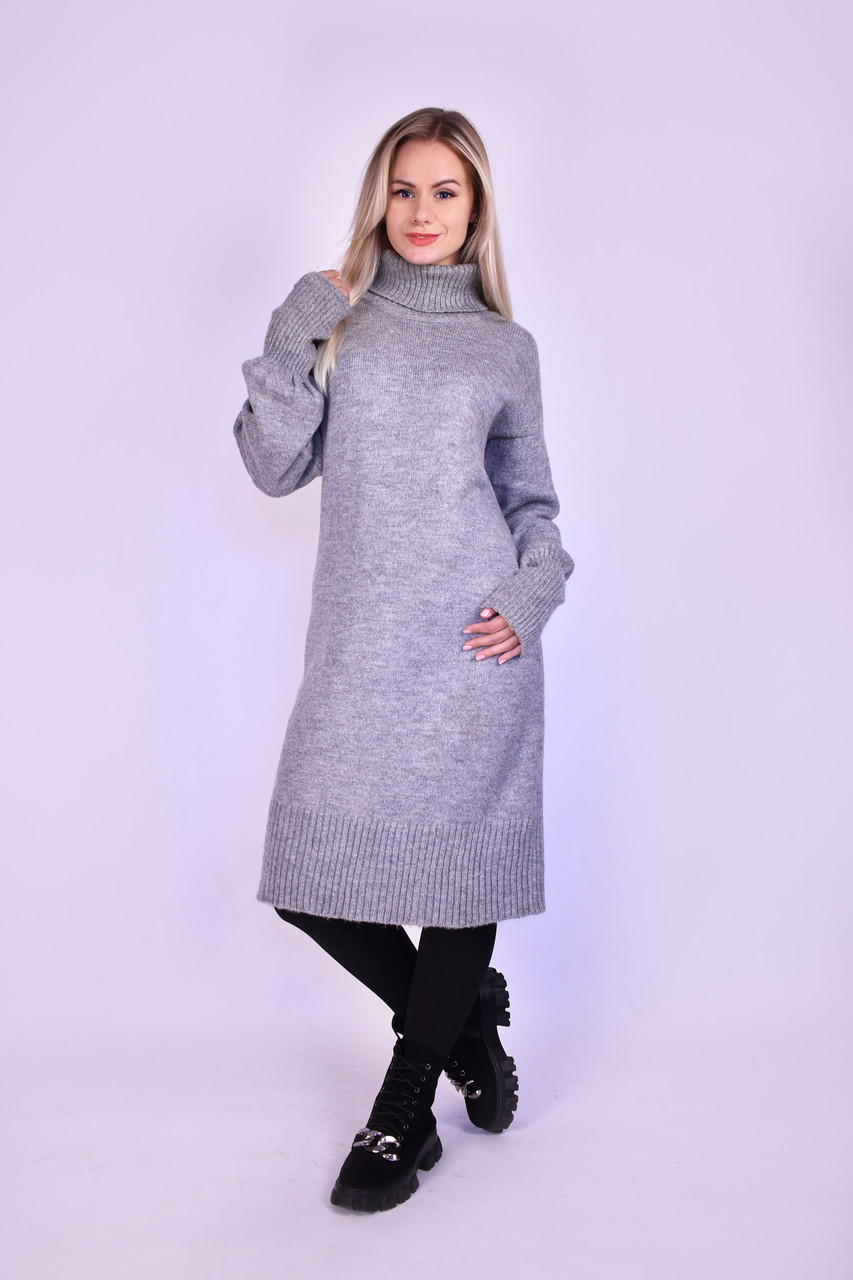 Жіноча сукня - светр з трикотажу - акрил, вільного крою, сірий