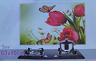 Термонаклейки Антижир для кухни 90*60см, Тюльпаны и бабочки
