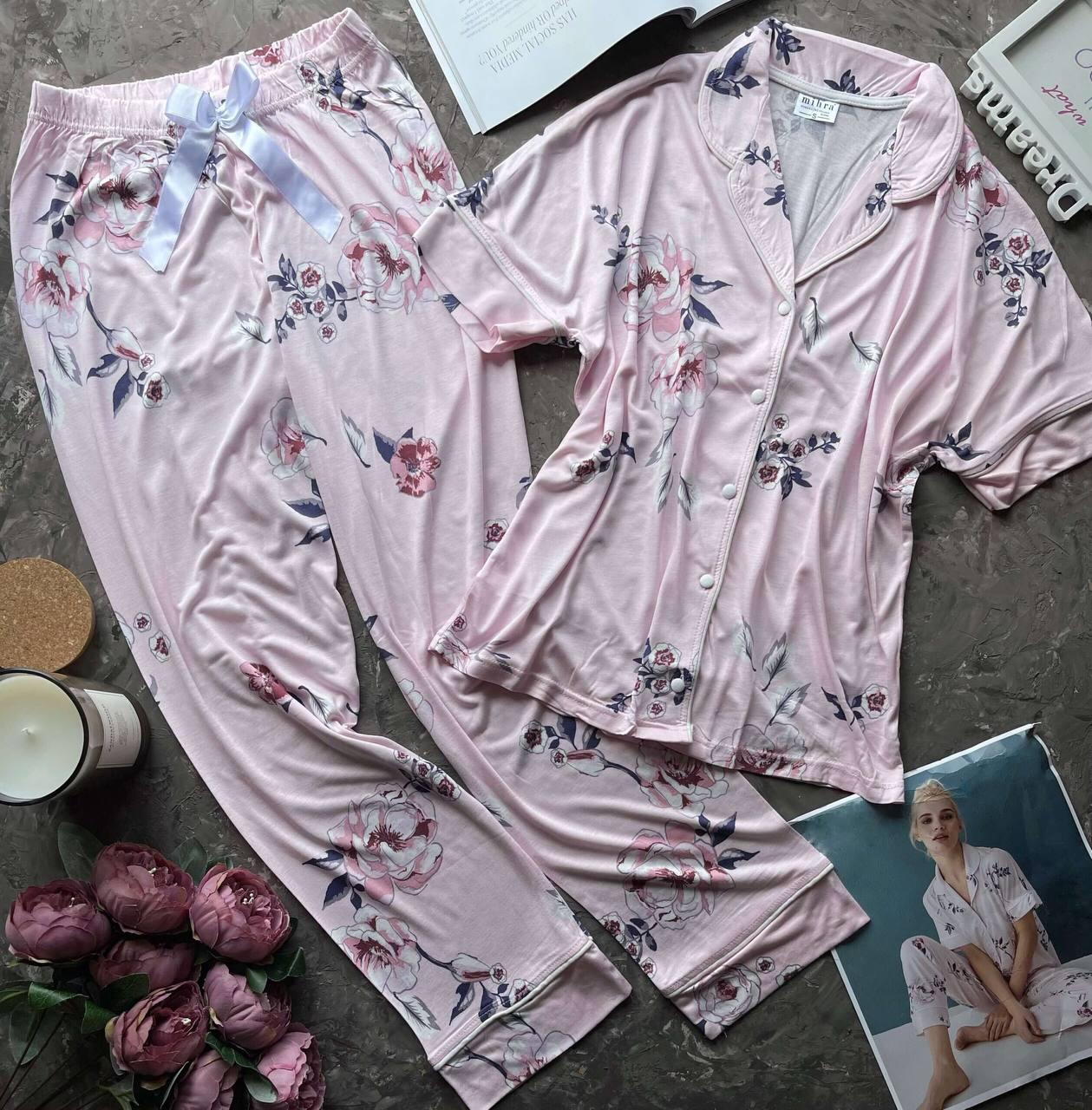 Жіночий домашній одяг піжама із віскози з квітами піжамний комплект рожевий сорочка + штани