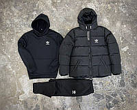 Мужской зимний спортивный костюм Adidas + Куртка Адидас черный теплый на флисе