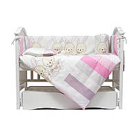 Детский хлопковый постельный комплект Twins Dolce Друзья зайчики, 7 элементов, 120х60 см., розовый