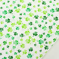 Хлопковая ткань "Листики клевер" зеленые на белом фоне №1532