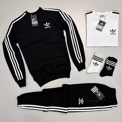Чоловічий спортивний костюм 4 в 1 Adidas світшот штани штани футболка шкарпетки чорний з лампасами весна-осінь, фото 1