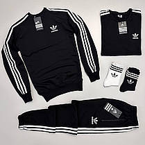 Чоловічий спортивний костюм 4 в 1 Adidas світшот штани штани футболка шкарпетки чорний з лампасами весна-осінь, фото 5