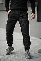 Чорні штани-карго на флісі чоловічі зимові з манжетами, Утеплені штани чорні на гумці wear