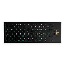 Наклейки на клавіатуру ПК та ноутбук ХОКО зелені та білі літери Укр/Рос/Анг чорний ПВХ фон 1 шт