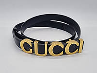 Ремень Gucci черный тонкий с золотыми буквами