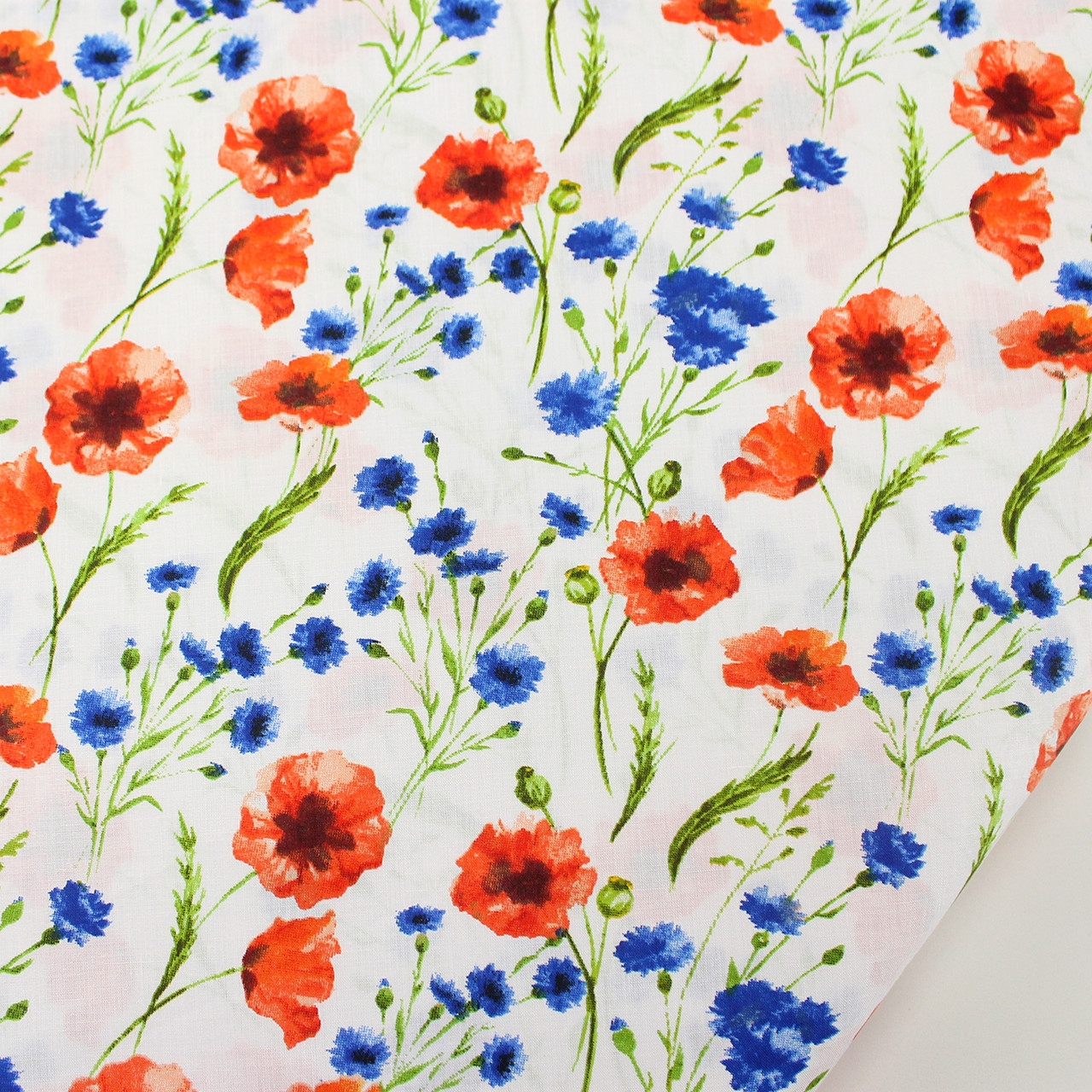 Тканина бавовняна "Маки і волошки" на білому тлі №1313, фото 1