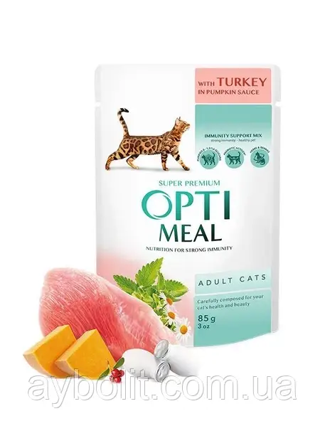Вологий корм Optimeal для котів з індичкою у гарбузовому соусі 85 г (4820215368193)