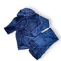 Женский весенний спортивный костюм велюровый, тёмно-синий, тёплый № 334, ( р.42-56)