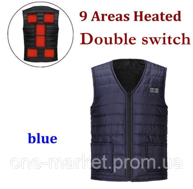 Жилет с электрическим подогревом 9 зон USB-нагревательная куртка Синяя L - фото 4 - id-p1975228773