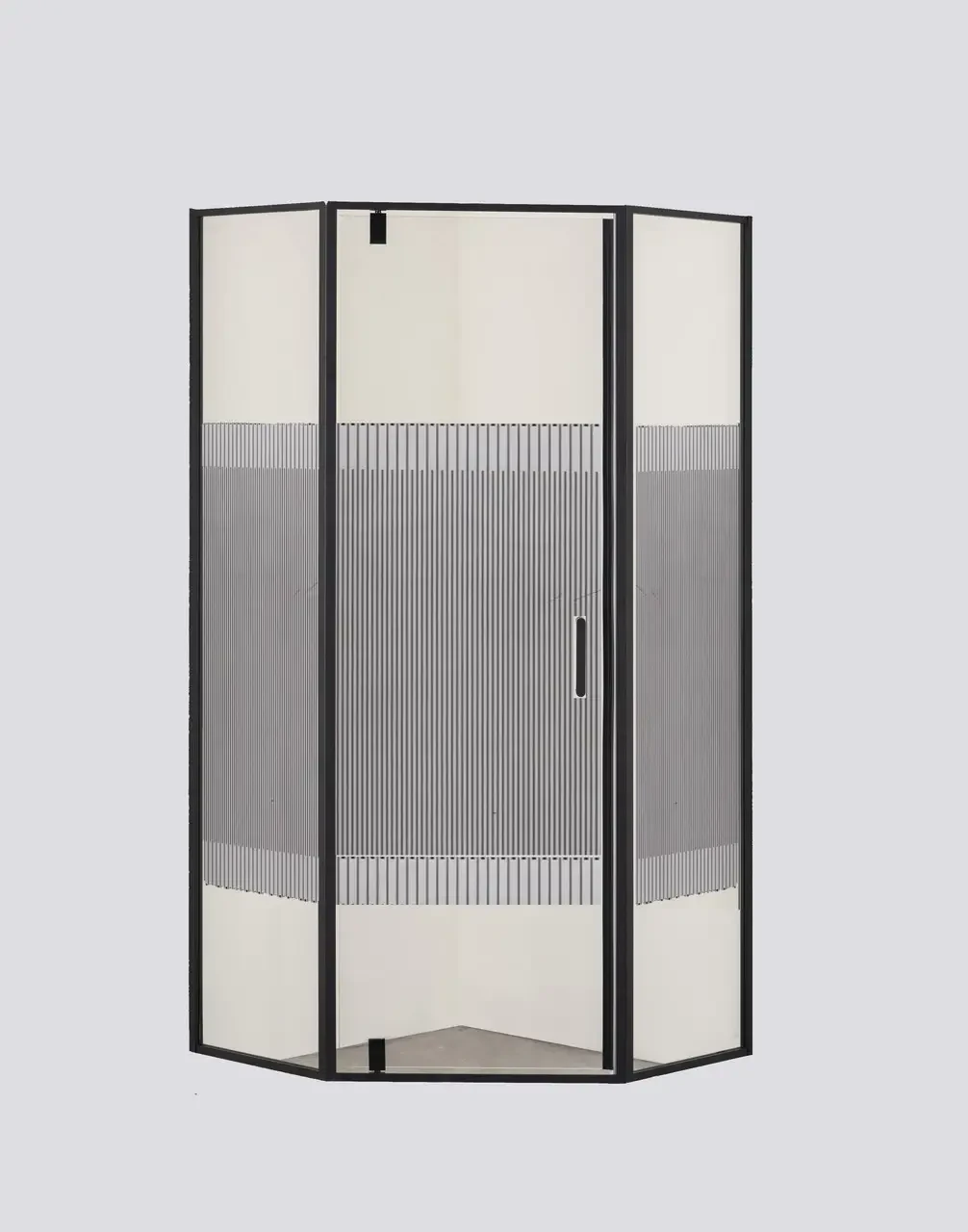 Душова кабіна 90*90*185 см п'ятикутна без піддона, скло прозоре з візерунком 6 мм, чорний профіль