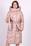 Пальто теплое женское бежевый с капюшоном плащевка средней длины Актуаль 9153, 50