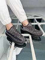 Женские кроссовки Adidas Yeezy Boost 350 V2 Black Static (чёрные) рефлективные легкие летние кроссы Ar15135