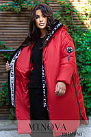 Яркая красная куртка оверсайз декорированная стильной лентой, больших размеров от 46 до 64