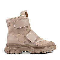 Ботинки женские зимние замшевые на толстой высокой платформе, на тракторной подошве, бежевые с липучками