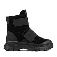 Ботинки женские зимние замшевые на толстой высокой платформе,на тракторной подошве,с черными липучками с мехом