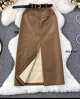 Женская теплая стильная юбка из экокожи на флисе 3 цвета размеры 42-50